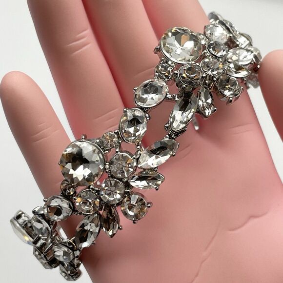 Silver Tone White Glass Rhinestone Cluster Metal Stretch Bracelet Bold Statement - Picture 2 of 6